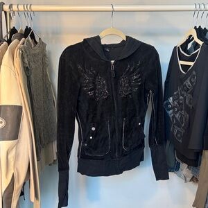 Black velour zip up with Embroidered Detail